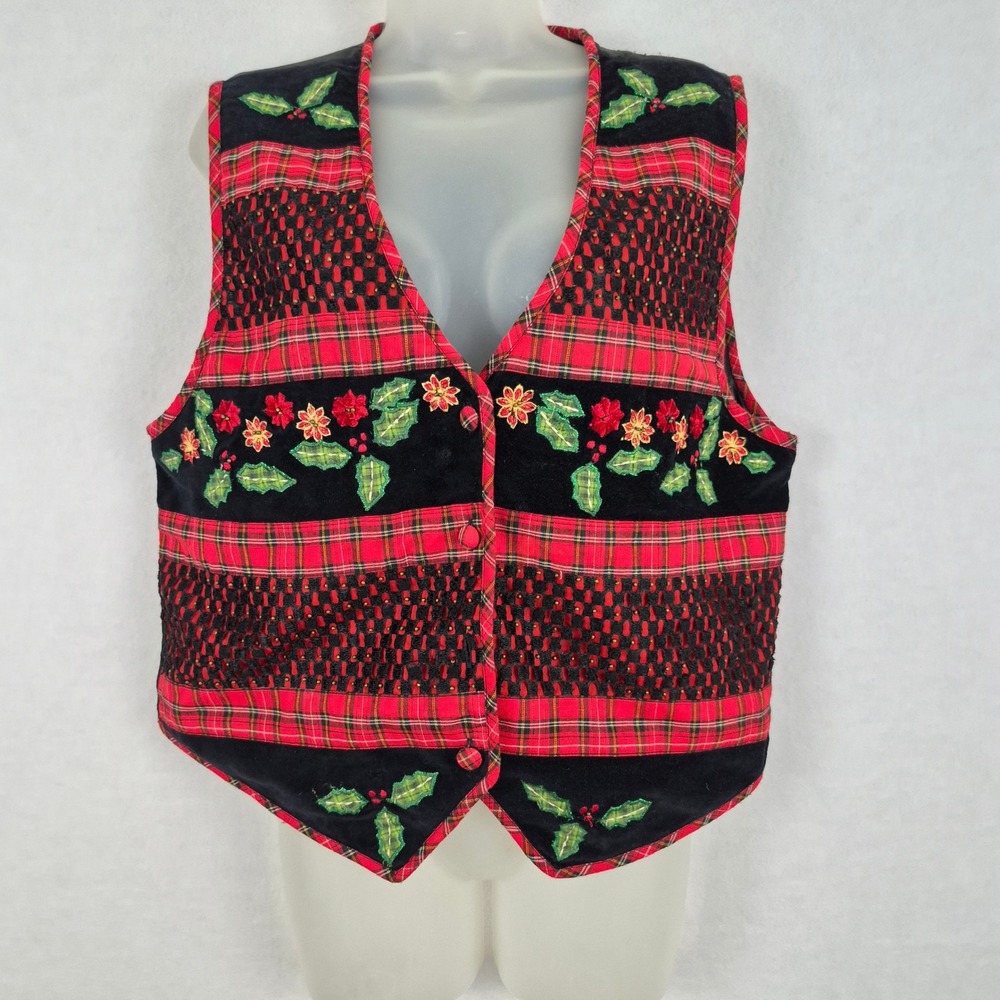 Vintage Red Plaid Embroidered Christmas Vest Sz Large Velvet Holly Poinsettia